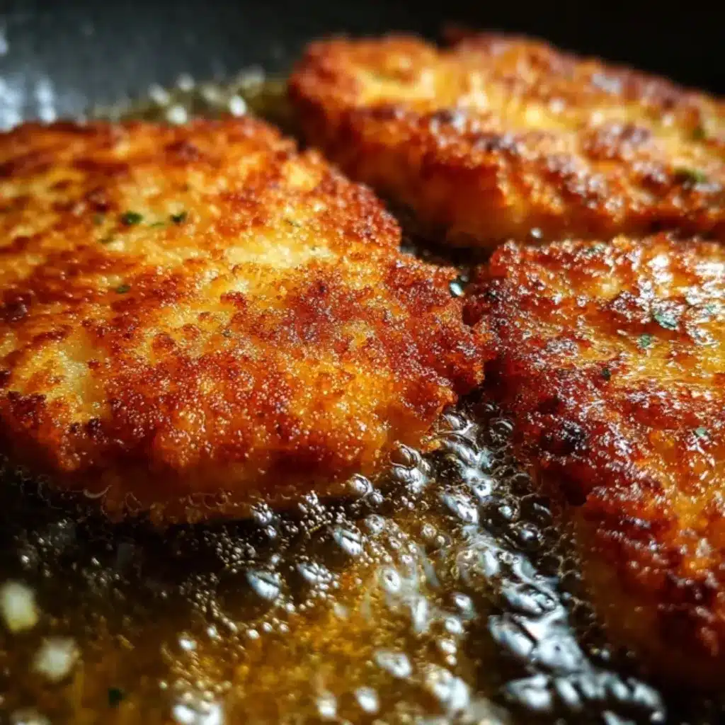 Crispy chicken cutlets frying in skillet for Caesar sandwich