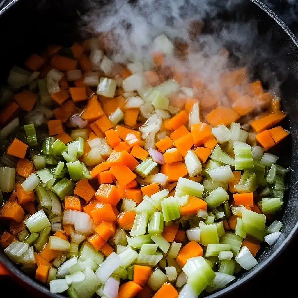 Egg noodles being stirred into a simmering pot of chicken broth with
