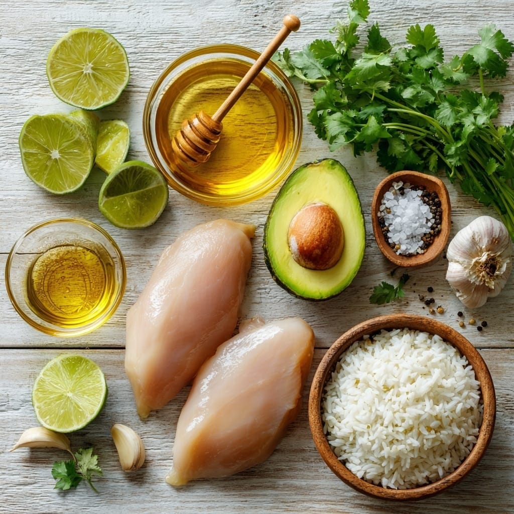 Honey Lime Chicken & Avocado Rice Stack — A Flavorful, Fresh & Healthy Recipe 6 Fresh ingredients for Honey Lime Chicken & Avocado Rice Stack — chicken, avocado, lime, honey, and rice