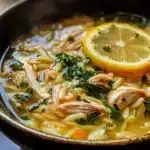 Tasty lemon chicken orzo soup recipe served in a bowl with herbs and lemon