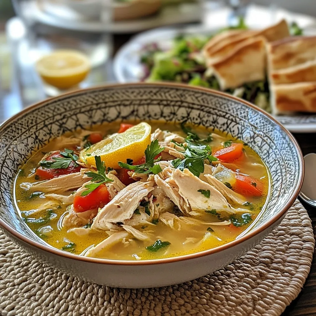 Mediterranean lemon chicken soup served with bread and salad