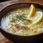 Mediterranean lemon chicken soup served in a rustic bowl with dill and lemon wedge