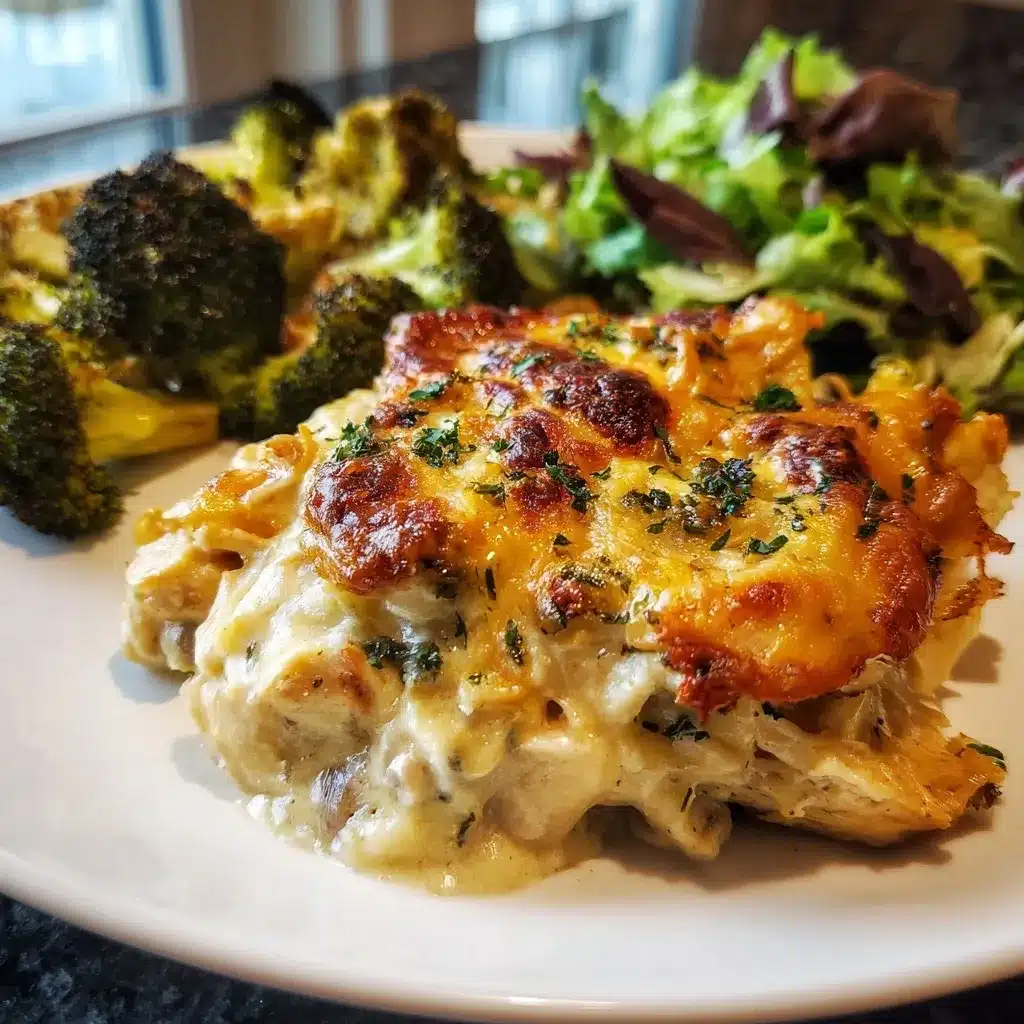 Serving of Million Dollar Chicken Casserole with salad and veggies