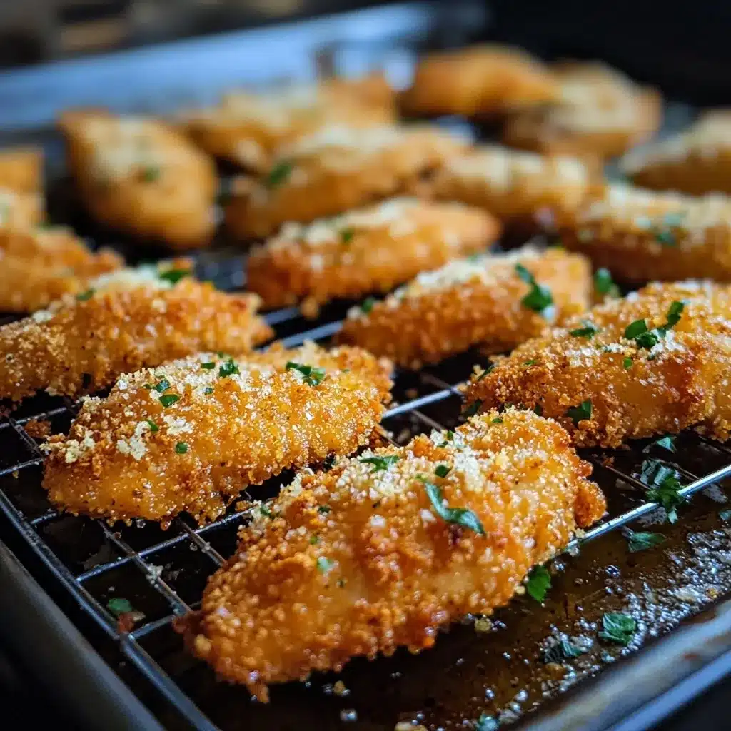 Oven-baked crispy parmesan chicken tenders on a wire rack.