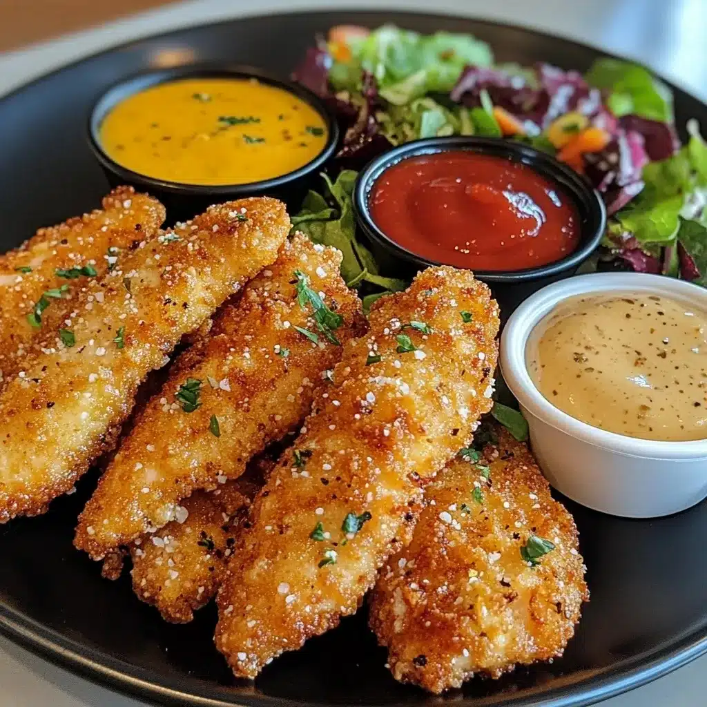 Crispy parmesan chicken tenders with sauces and salad.