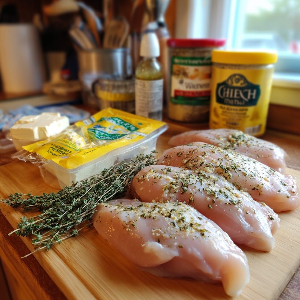 Ingredients for ranch chicken crock pot recipe on a wooden counter