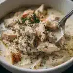 Ranch chicken crock pot dinner served with mashed potatoes