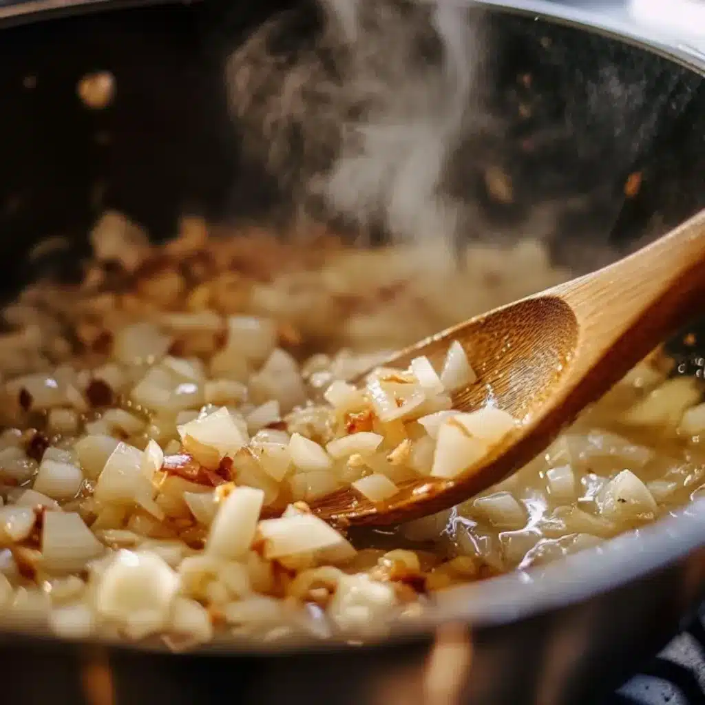 Onion and garlic sautéing in olive oil for Chicken Parmesan Soup