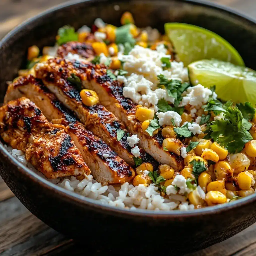 Served street corn chicken rice bowl with avocado, salsa, and lime wedges