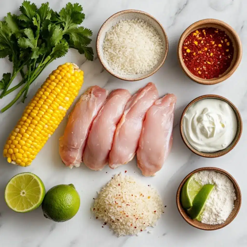 Fresh ingredients for street corn chicken rice bowl including corn, chicken, rice, lime, and cilantro